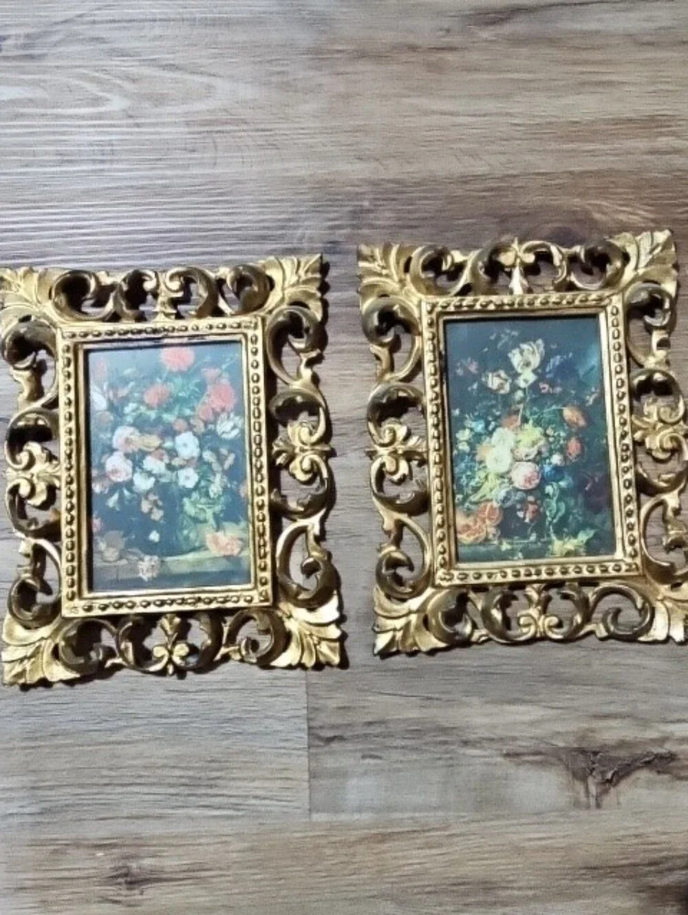 Vintage Empire Art Italy Gold Rococo Floral Wall Plaques Set 2 9x7